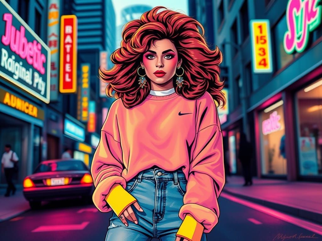 Drawing of a woman 80s retro fashion wearing leg warmers, desperately seeking susan movie vibes.