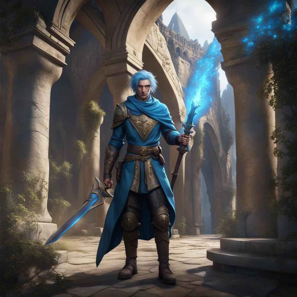 A man of the paladin class, blue hair, blue eyes, in the Bal...