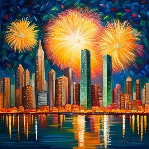 Spectacular Fireworks Display Over City in Expressionist Sty...