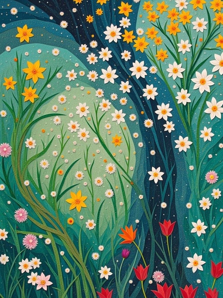 Flowers in Spring, daffodils, tulips, daisies <lora:PaperArt Seasons:1.0> 