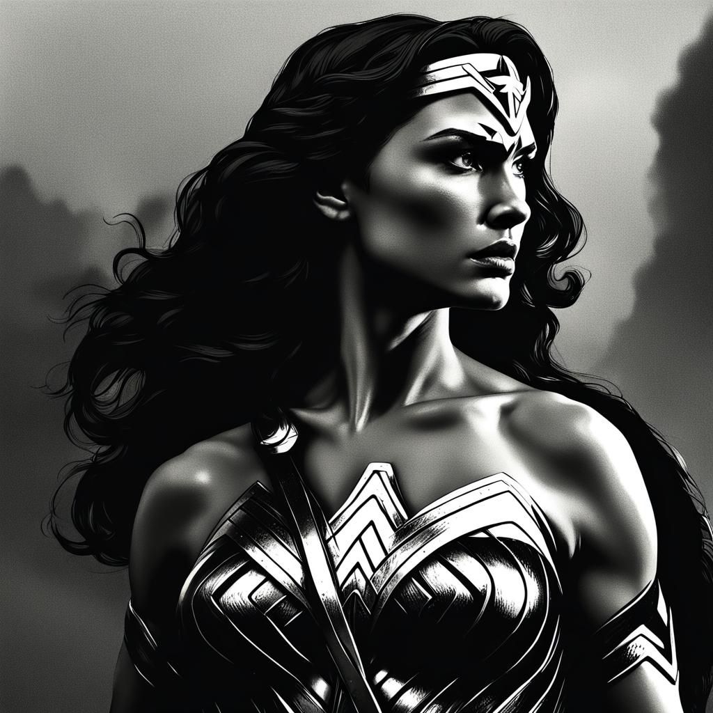 A side profile of Wonder woman in black and white, grain, gr...