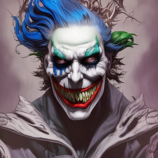 a man with blue hair and a skull face surrounded by skulls, ...