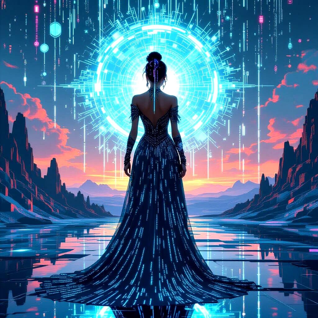 A digital oracle with a flowing gown of binary code stands before a shimmering portal, their eyes radiating an otherworldly glow. The backgr...