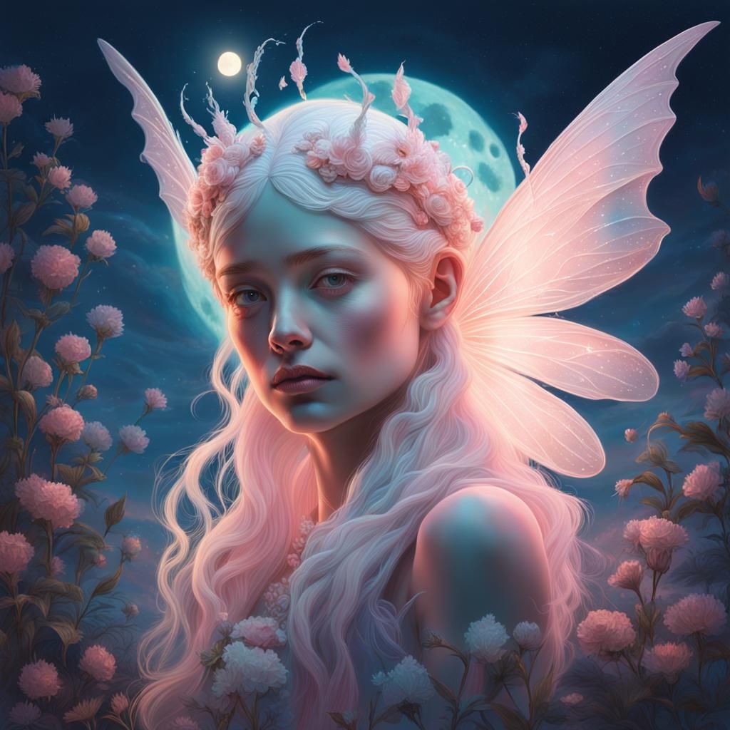 Bioluminescent Fairy Queen Under Moon in Pastel Colors