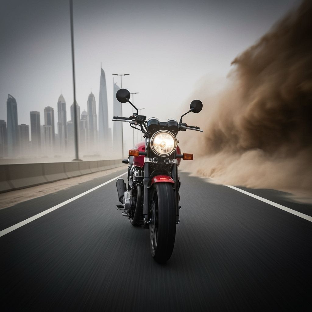 A Honda CB1100RS speeding down the Jebel Ali Freeway during a sandstorm