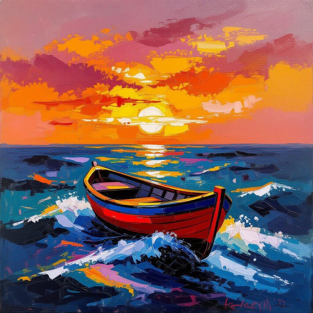 Vibrant Seascape Sunset: Boat on Turbulent Water