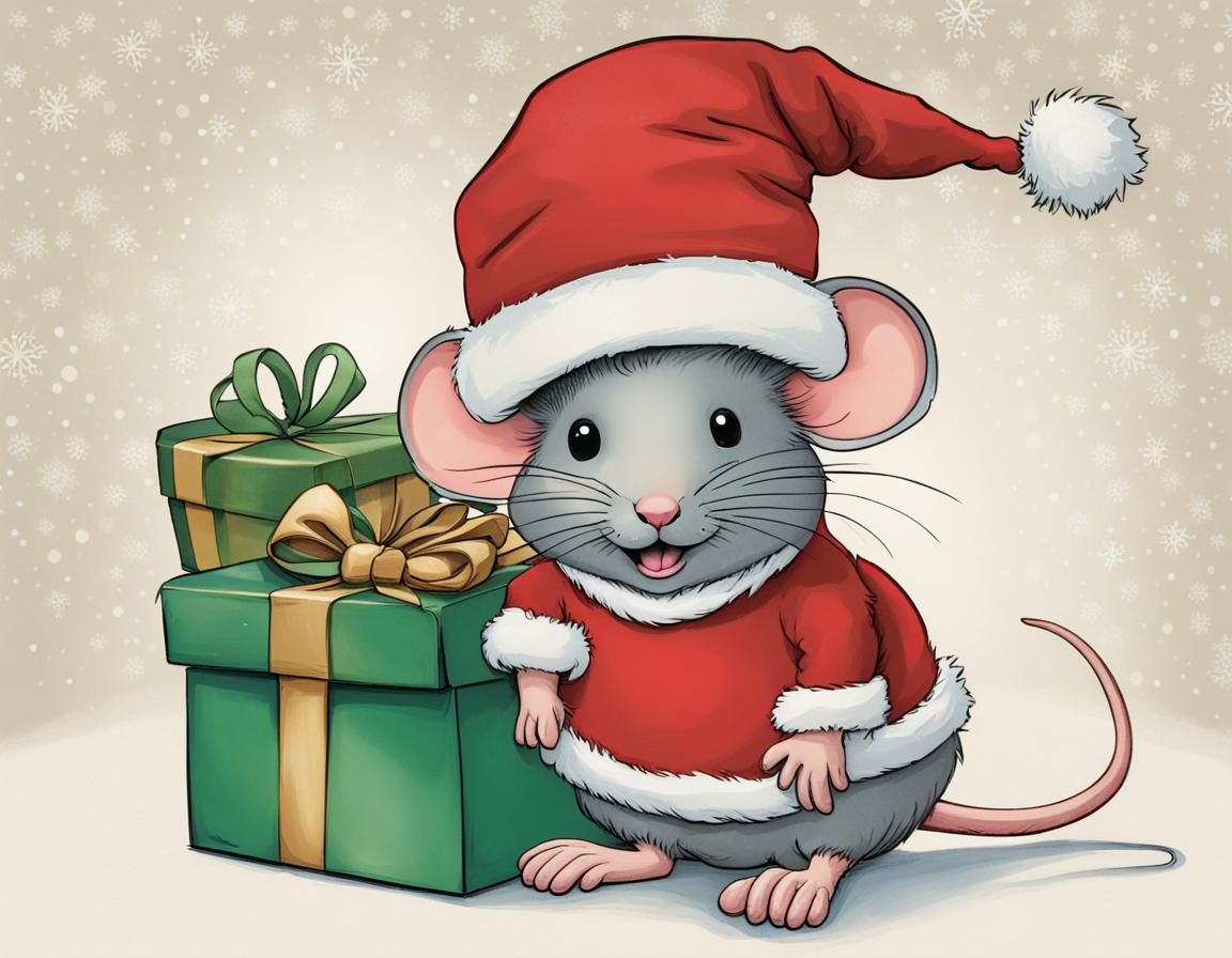 Mouse in a Santa suit delivering presents