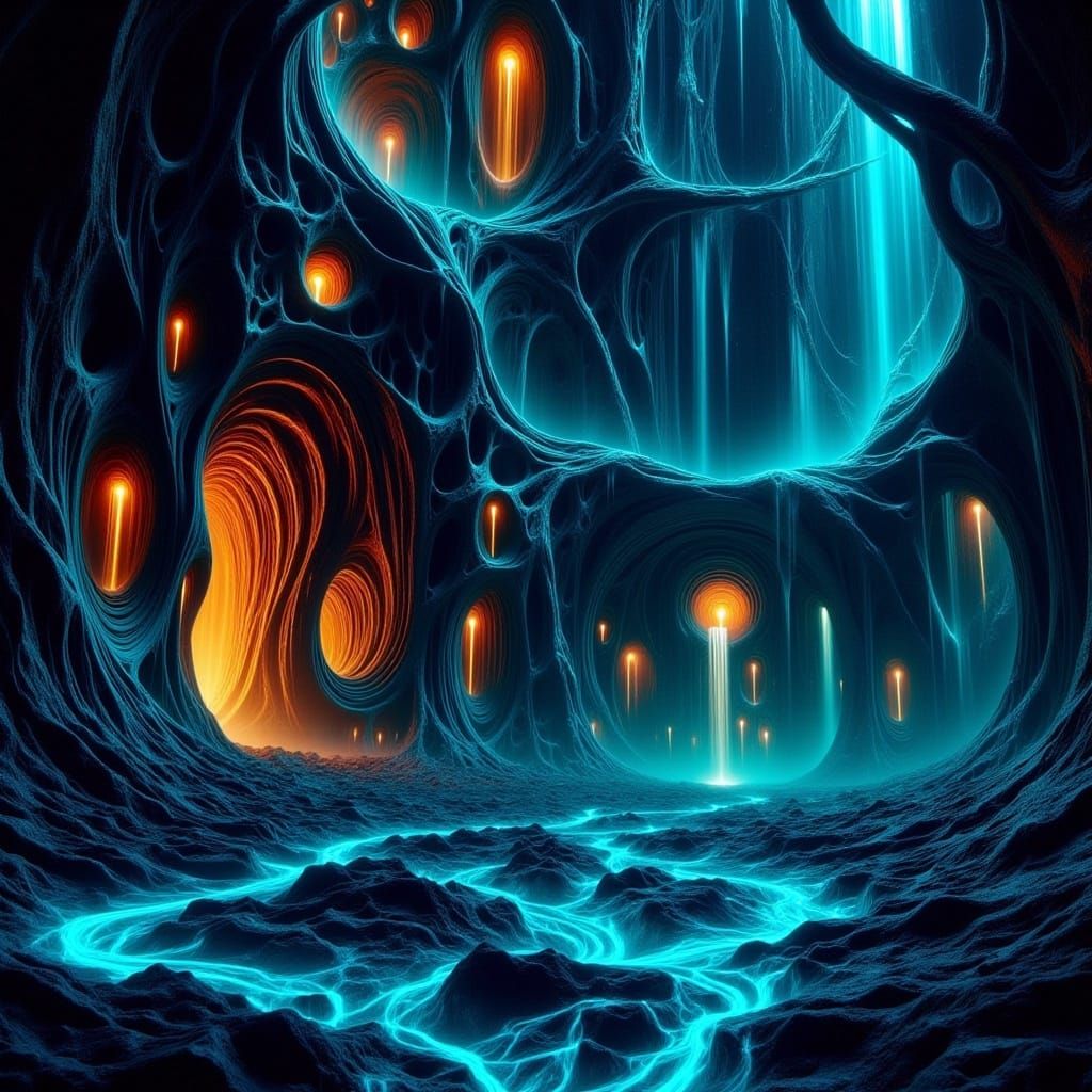 <lora:-Mixperiment Pi-:1.0> Yellowish marble fractal structures forming a majestic castle ▪ Turquoise translucent fluids ▪ Black lava rock ▪...