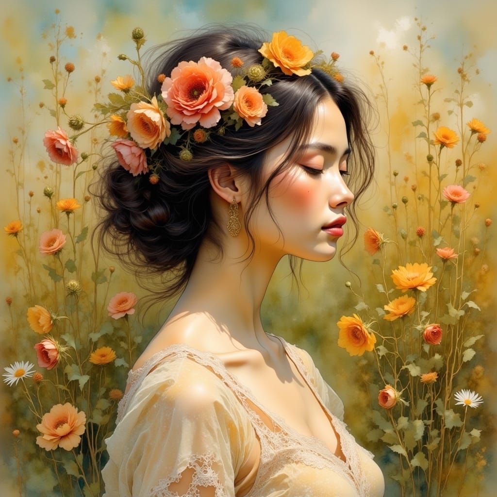 Floral side portrait of a woman with flowers in her hair wearing a lace summer dress, beautiful proportional face, rule of thirds compositio...