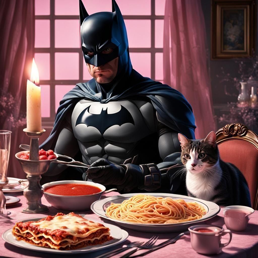 Eating delicious pasta with his best friend 