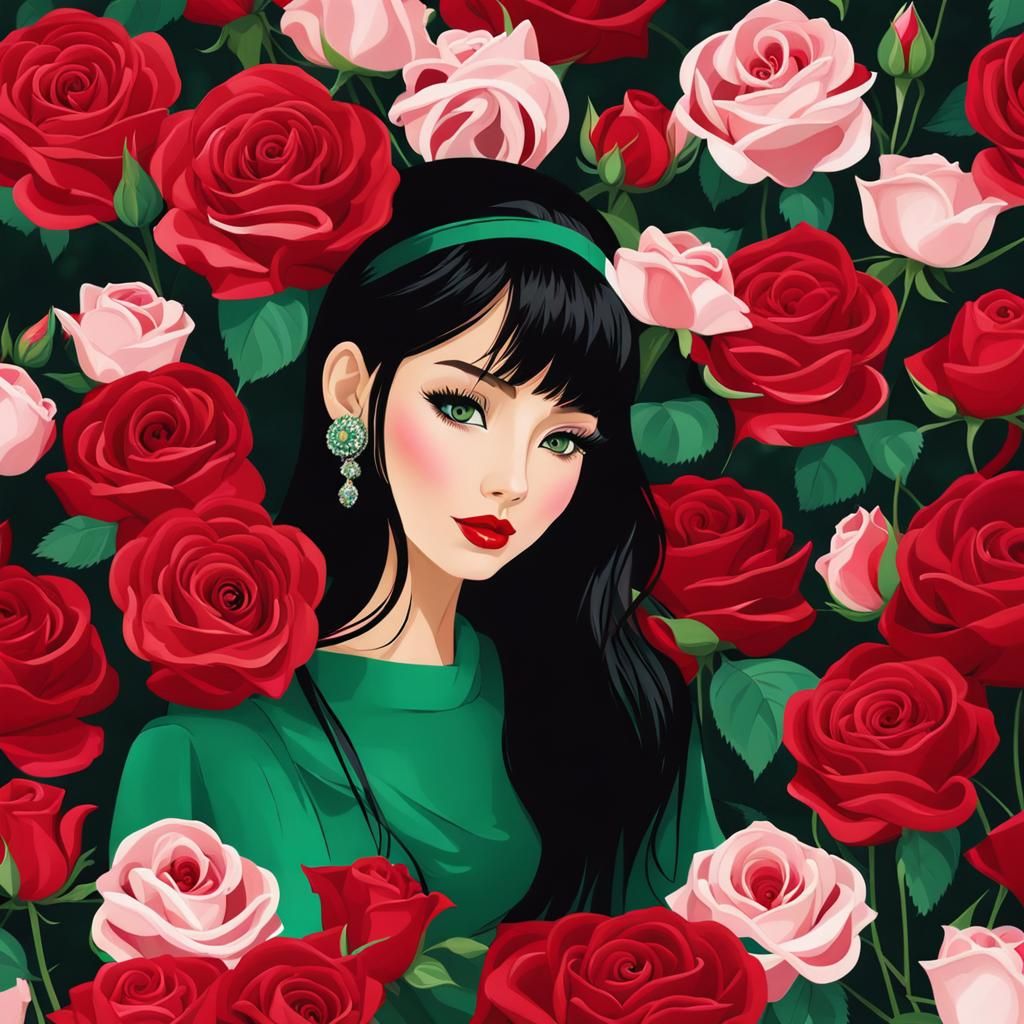 Beautiful oriental girl in a field of roses, she has large b...