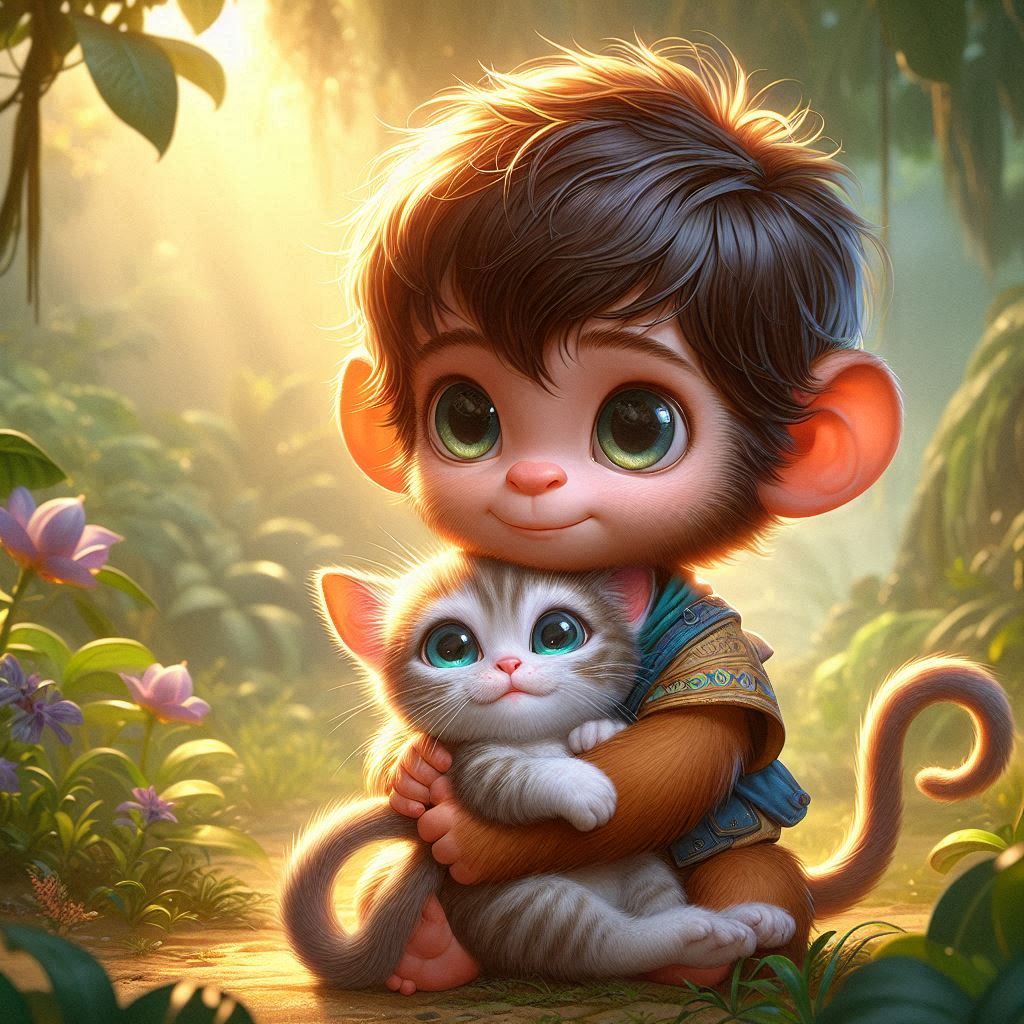 Baby monkey holding a kitten in his arms