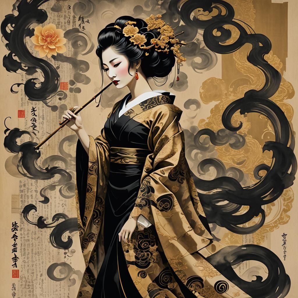 geisha stunning, surrealism surrealism on burnt paper  japan...