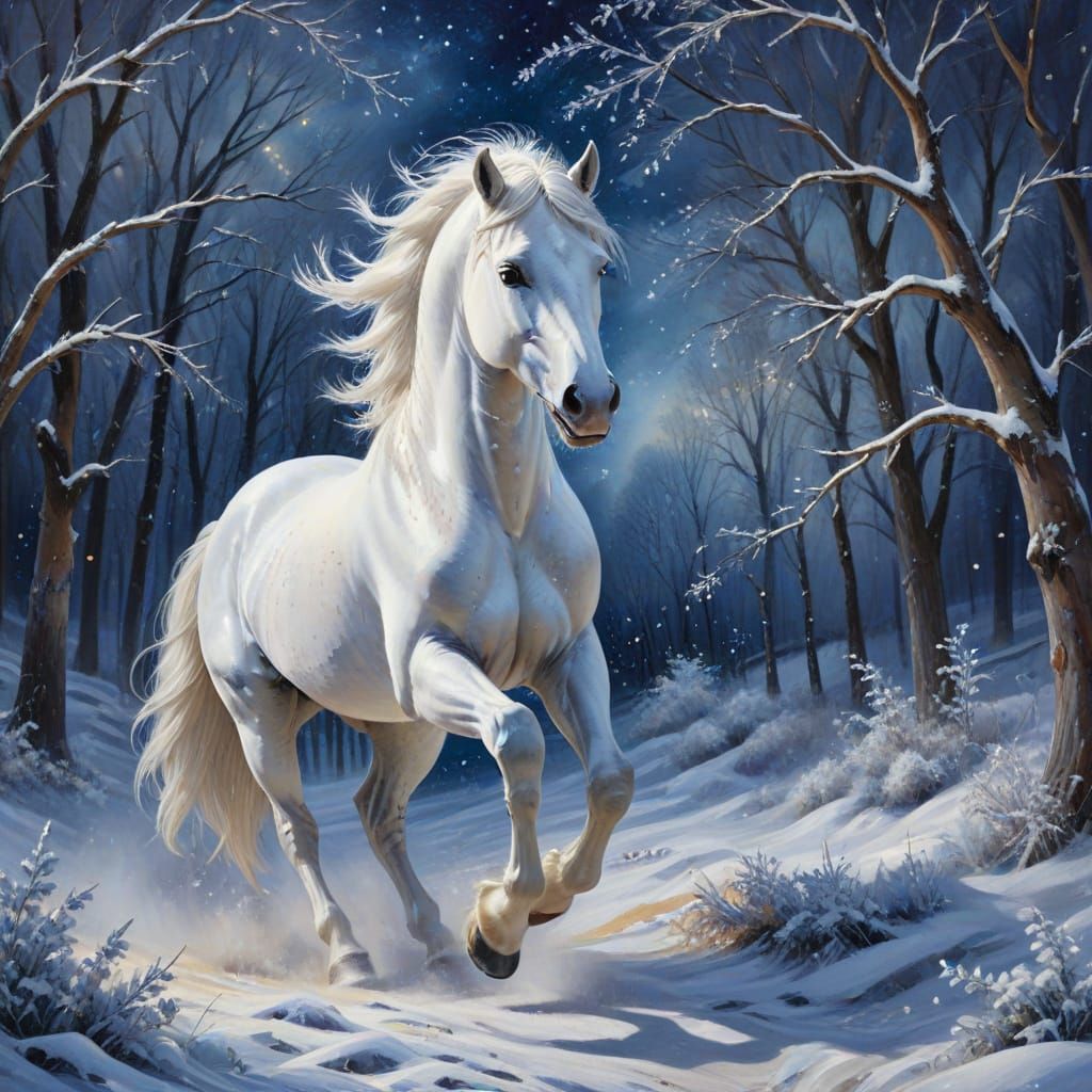 Majestic White Horse in Ethereal Winter Landscape Oil Painti...