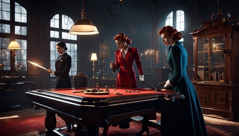 the characters of cluedo trying to find the real culprit. miss scarlett ...