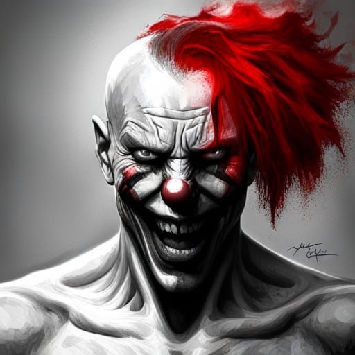 the tearful  clown in tones of black white and red