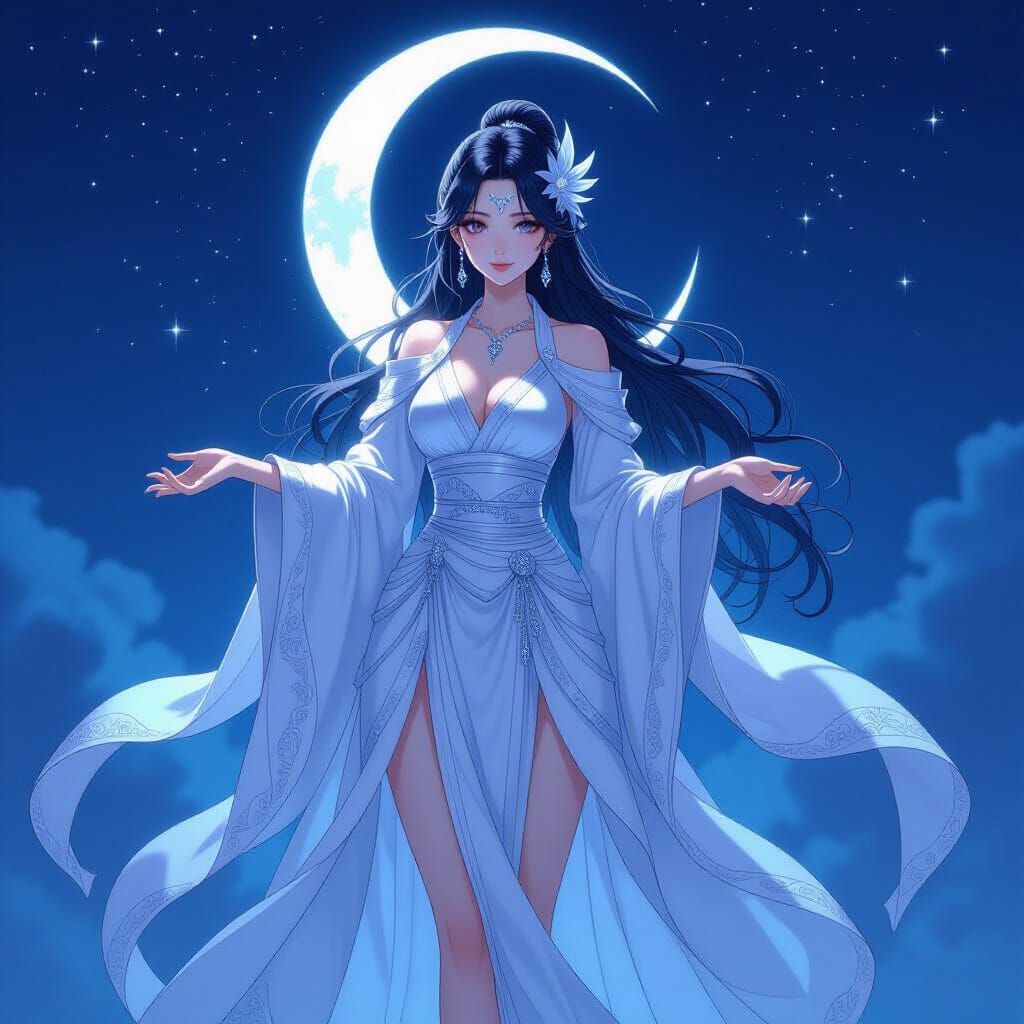 Luminous Anime Moon Goddess in Silver Robes