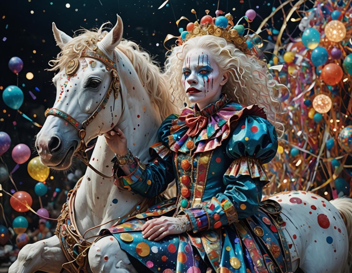 wide angle high-quality photo of albino riding ahorse made of shattered mind fragments, lost in deep thought. Theclown's vibrant costume is...