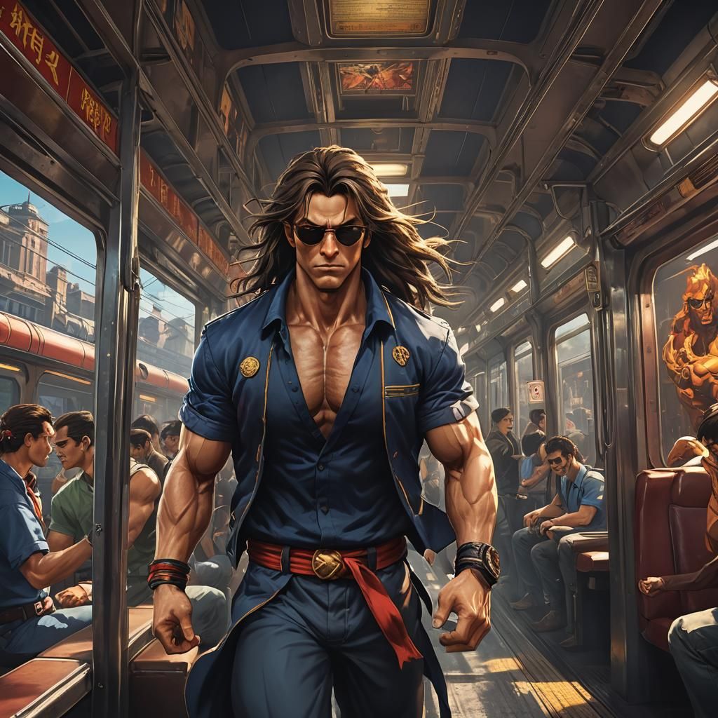a young male, long hair, no beard, sunglasses, in train, str...