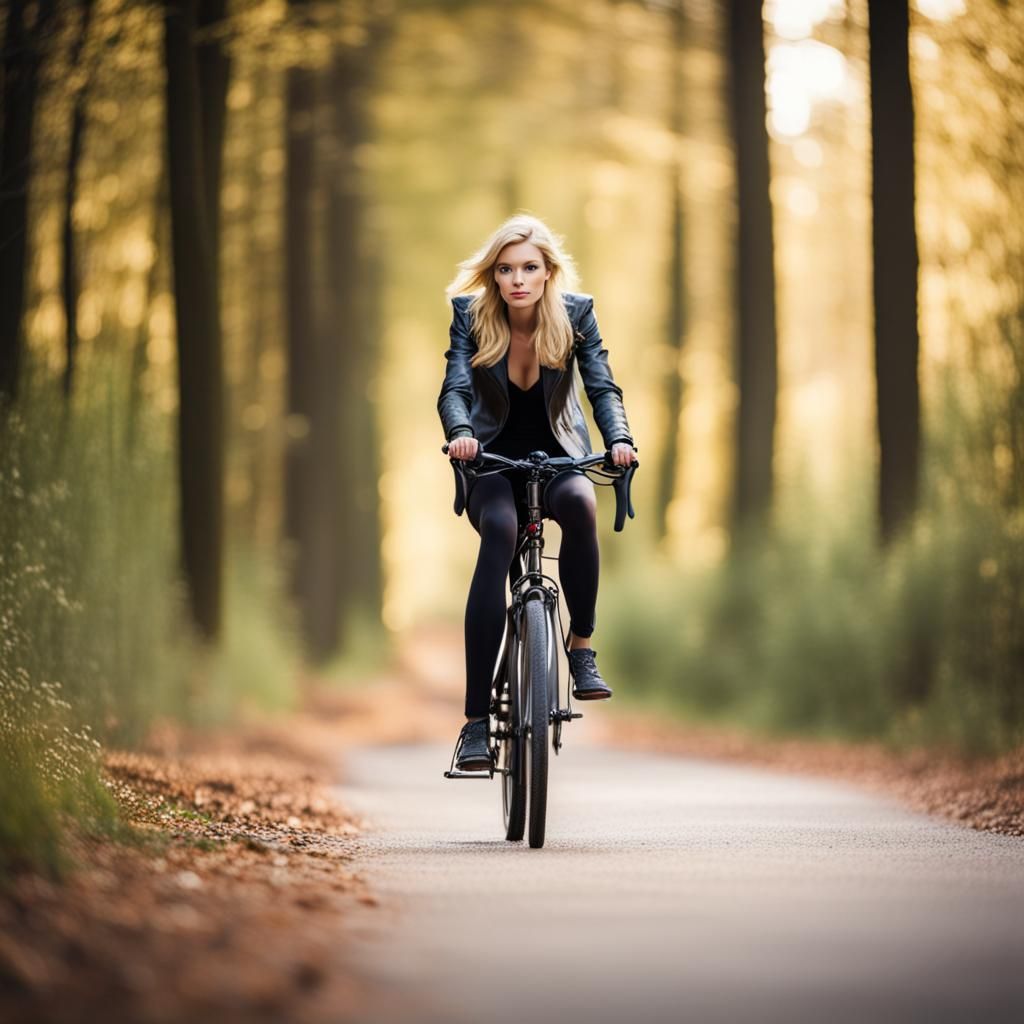 jolie blonde en vélo sur un chemin en la forêt