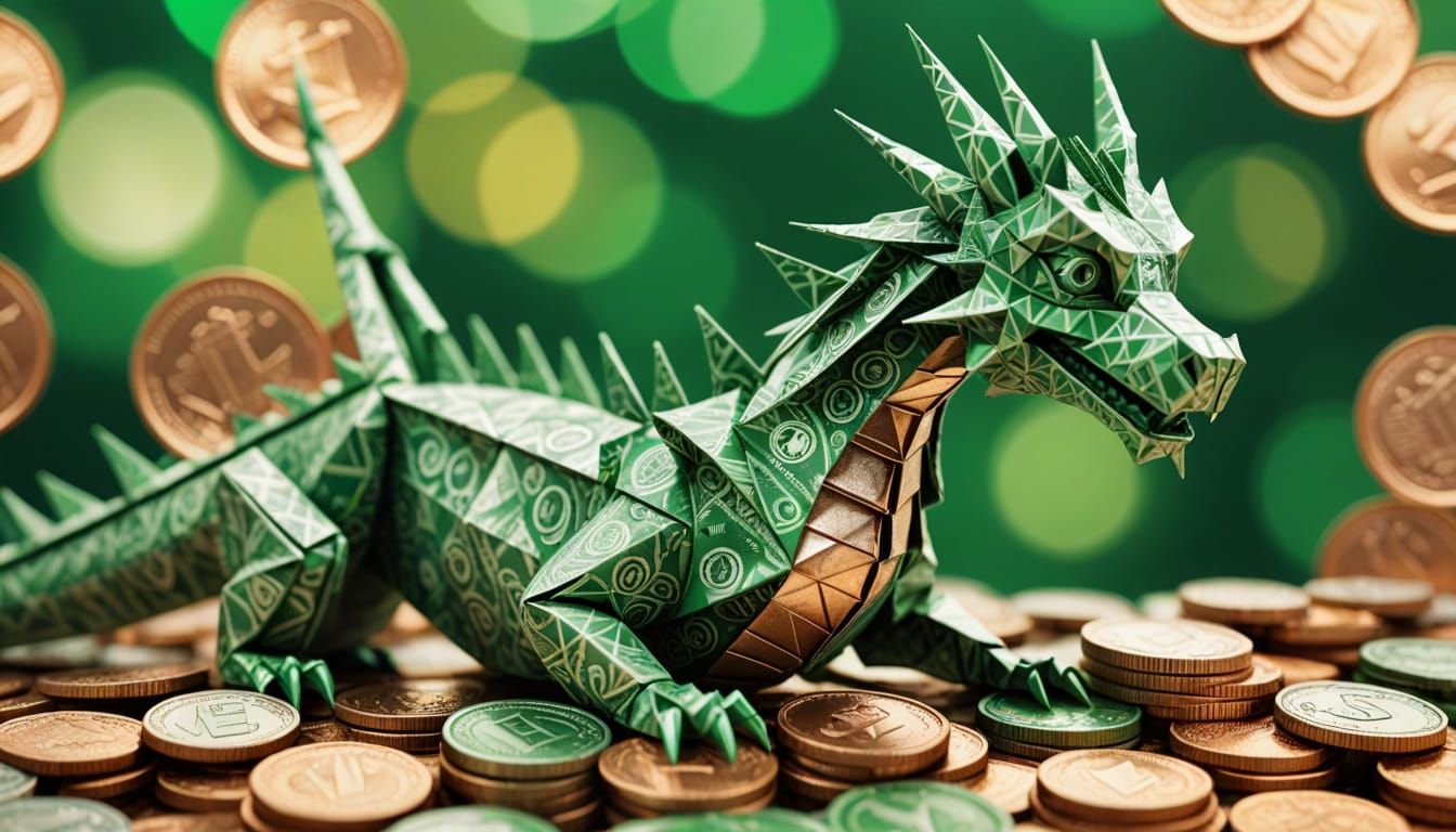 An origami dragon meticulously folded from crisp, green dollar bills, perched atop a mountain of scattered ...  by @Ankh