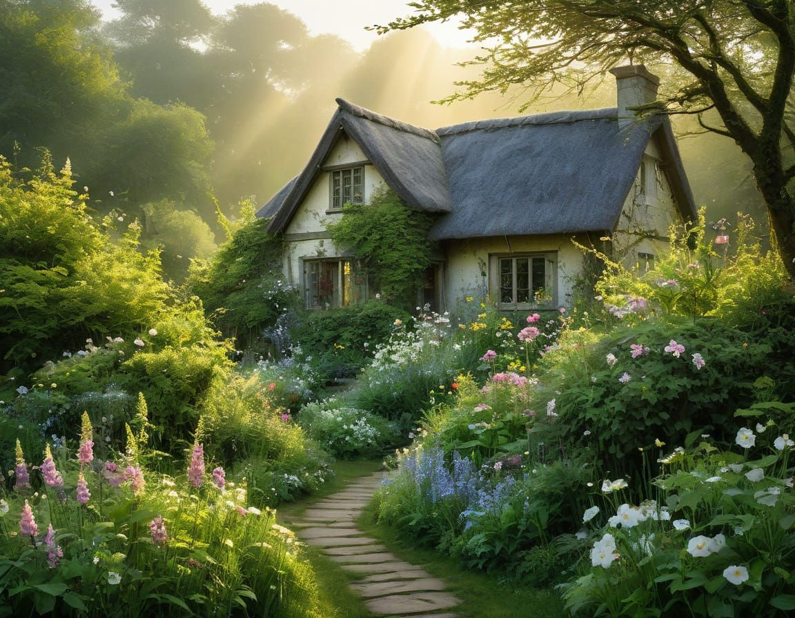 bird singing in a lush blooming cottage garden, golden hour, by Stewart Edmondson, Thomas Wells Schaller ...  by @Tina auf der Blumenwiese