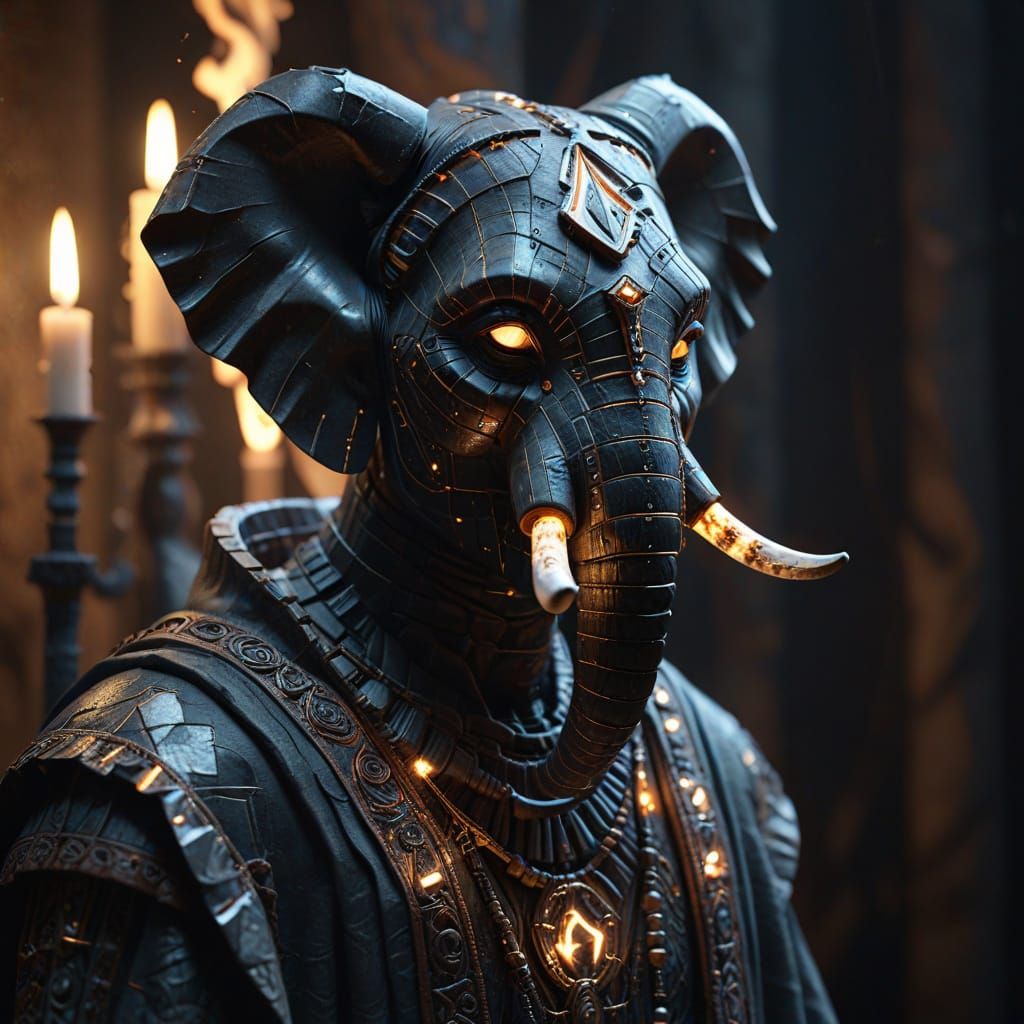 


A robed humanoid figure wearing a tribal elephant mask