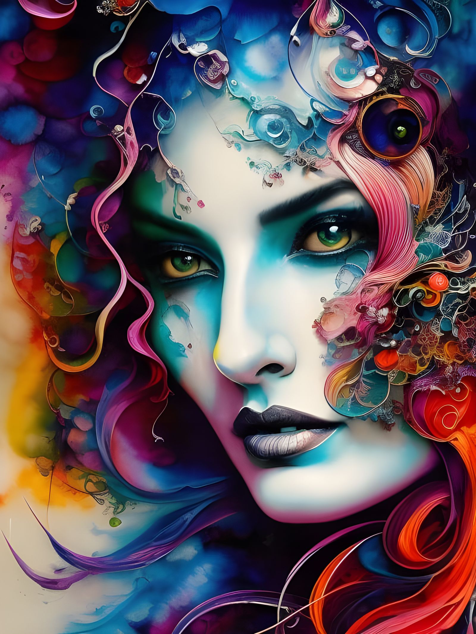 Beautiful Witch Portrait in Colorful Ink Flow