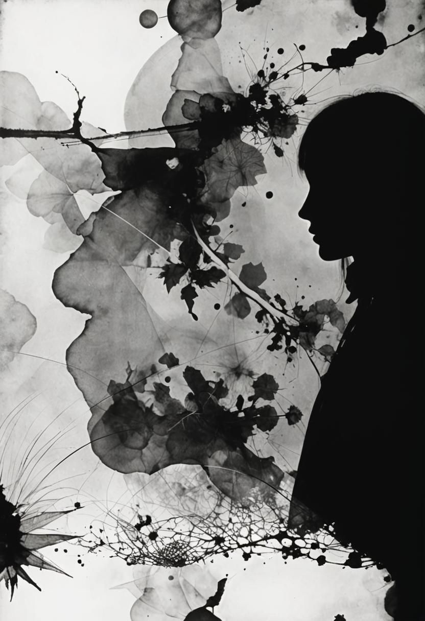 A fairy mushroom house in an enchanted bioluminescent forest.Cubist goth woman with geometry wings on her back, black on black, blue and pur...