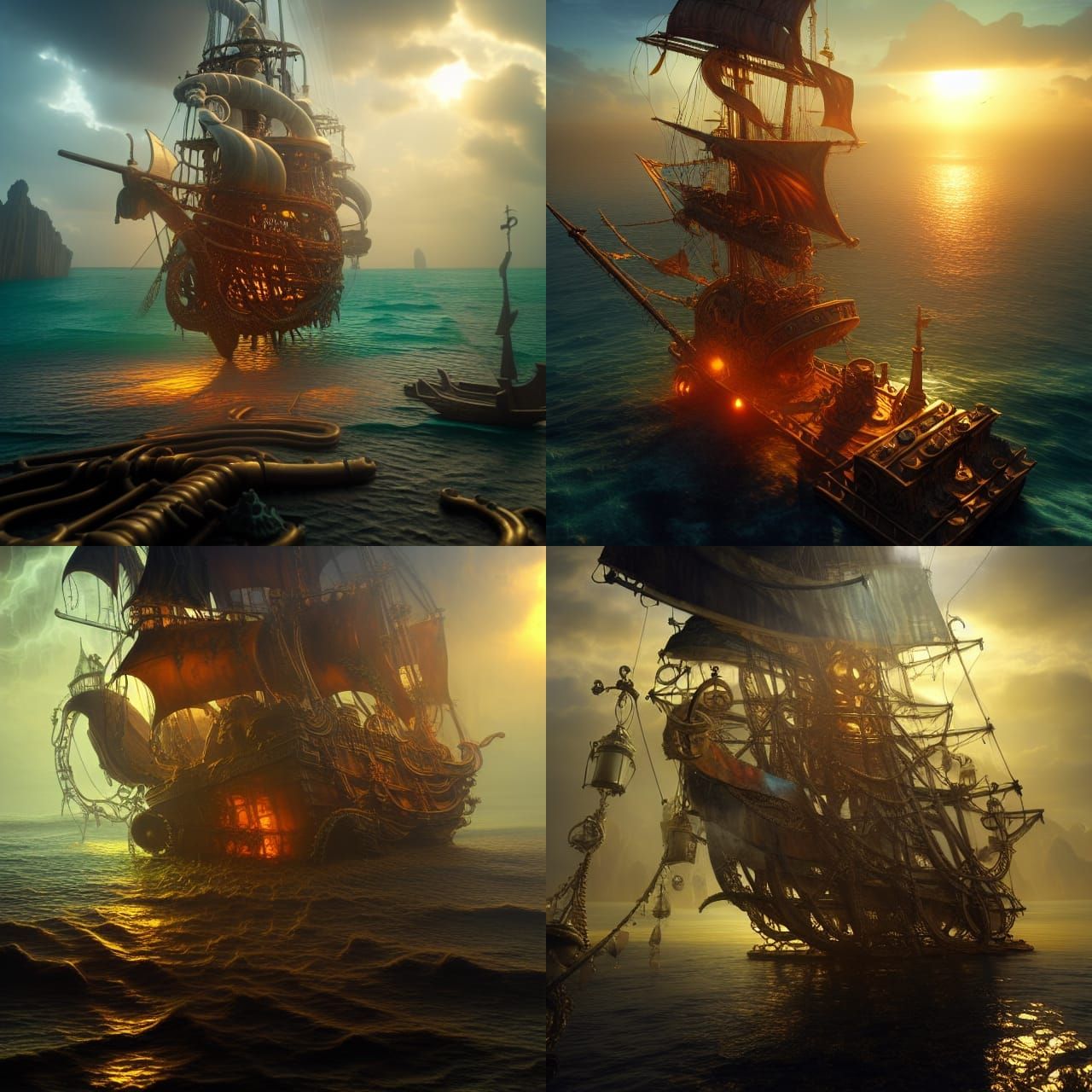 Eldritch pirate ship in a bottle. An ocean surrounds the bot...
