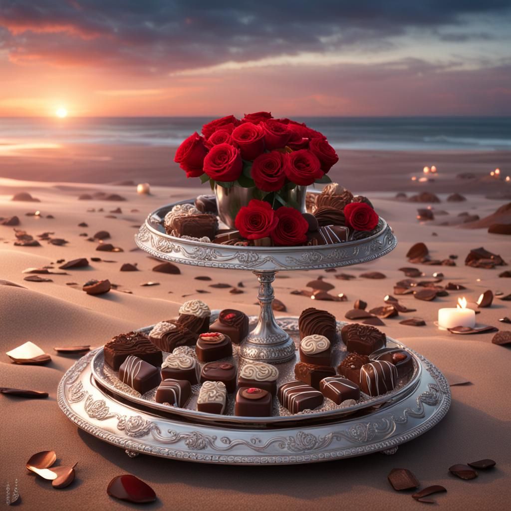 chocolates and roses presented on a silver platter on the beach at sunset  by @undefined