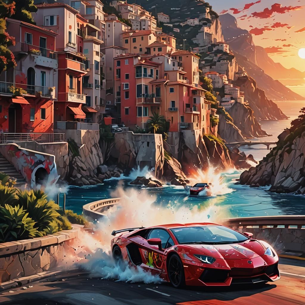 a red Lamborghini Aventador racing into the sunrise by the Monaco coast