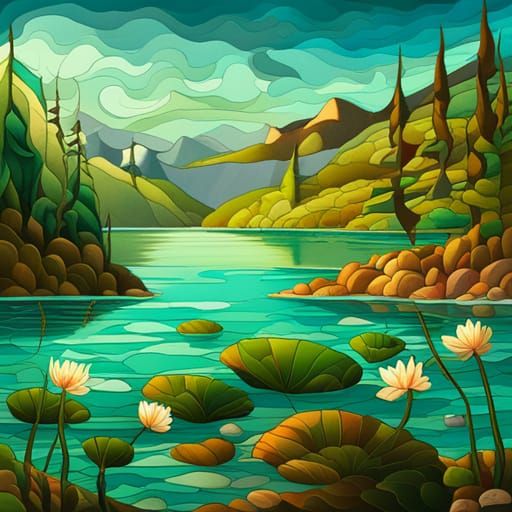 calm emerald sea, large lotus flowers on the shore, made wit...