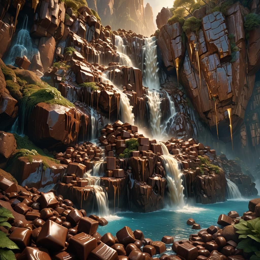 Chocolate Waterfall with Floating Cubes, Fantasy Concept Art