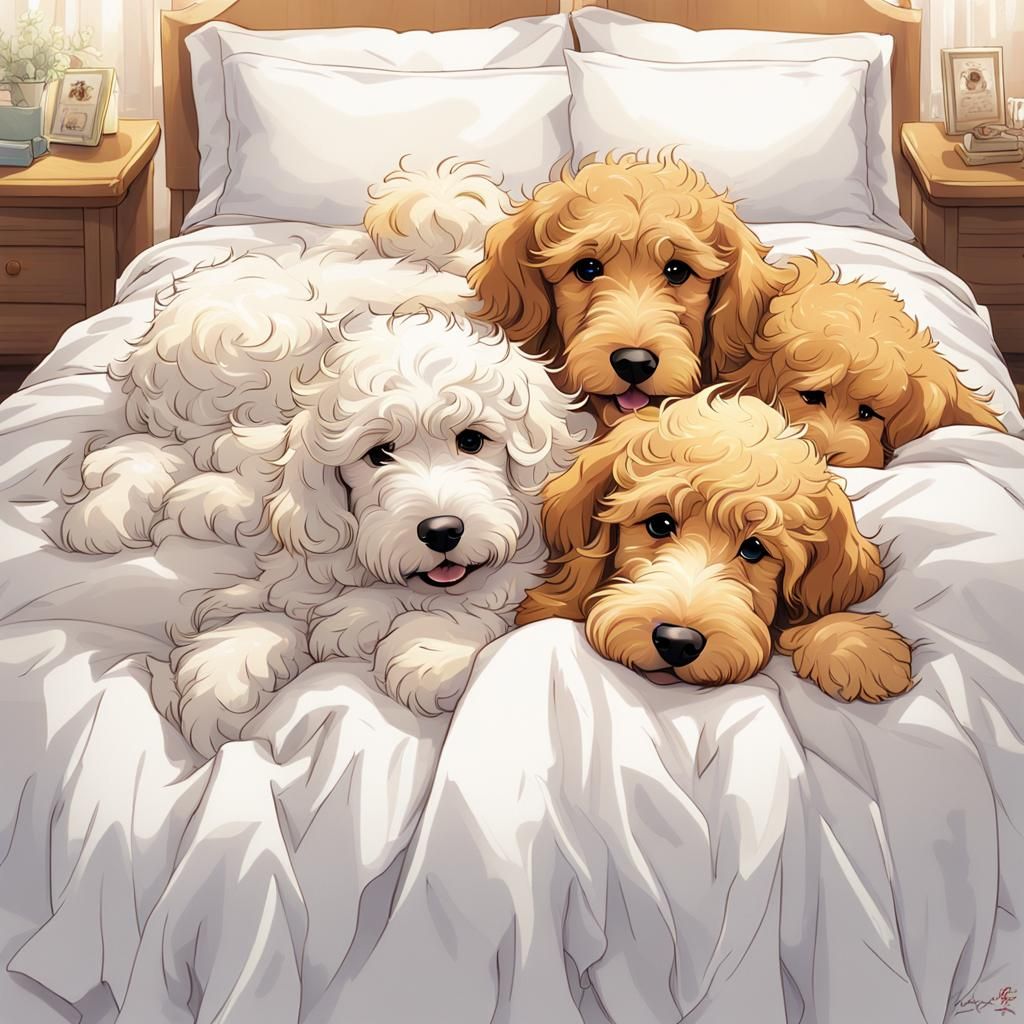 Three gorgeous golden doodle dogs and they are tucked under ...