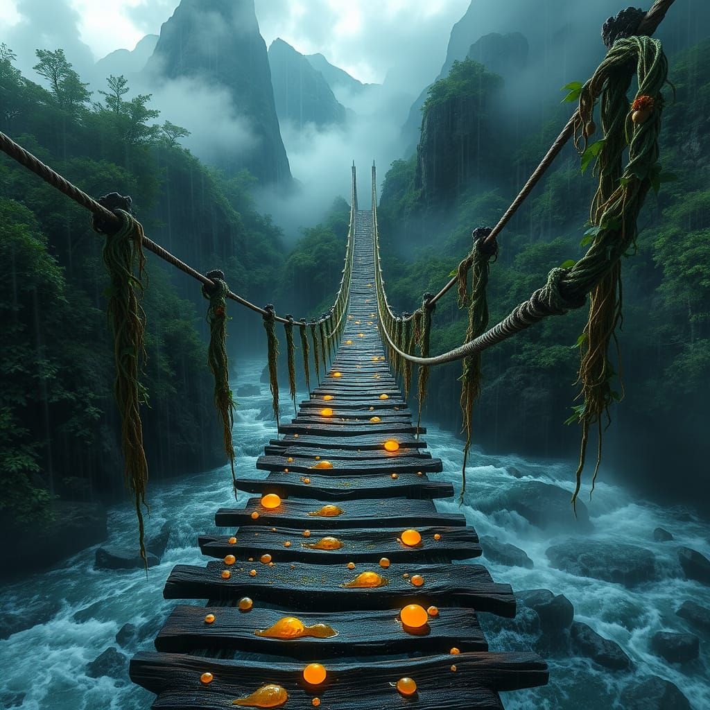 rope bridge across mounting river - Ethereal Rope Bridge Cro...