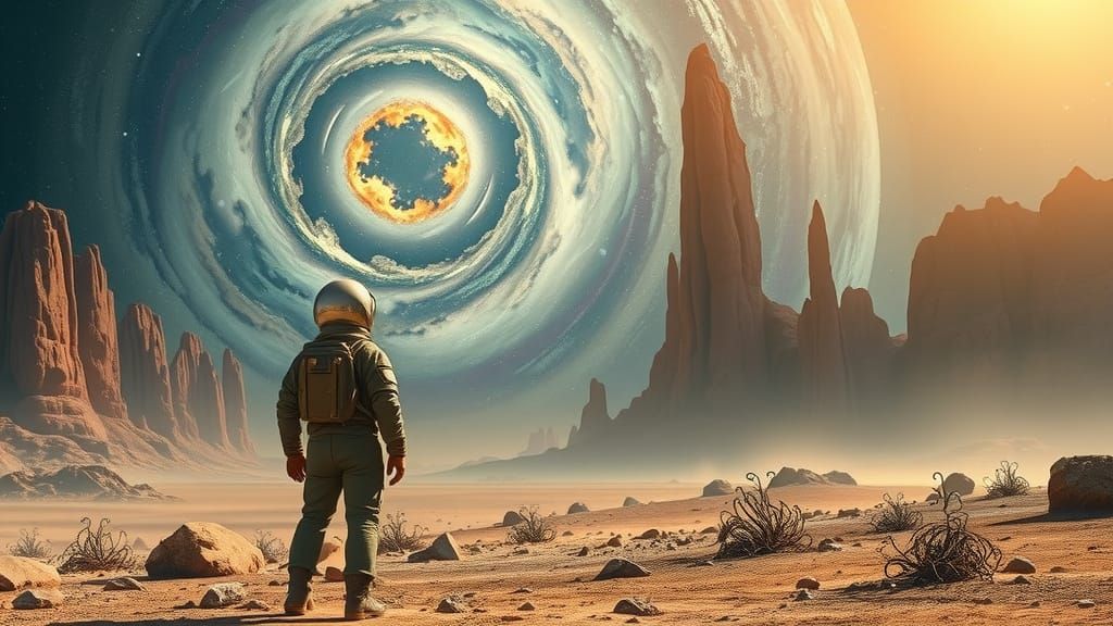 A lone astronaut stands on a desolate alien planet, gazing up at a swirling nebula that fills the sky. The astronaut is clad in a weathered ...