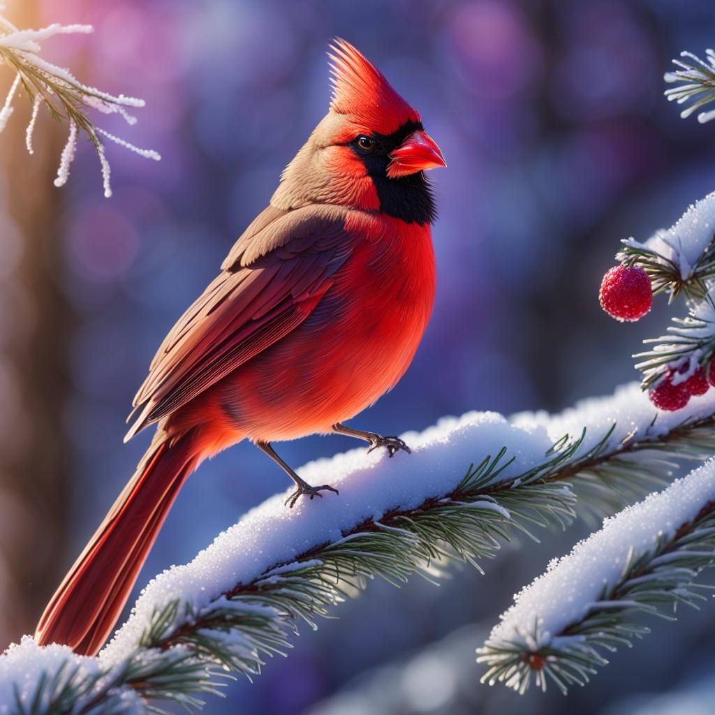 A Cardinal eating a Berry on a Pine branch covered with snow. Hyperrealistic, splash art, concept art, ...  by @caprandom