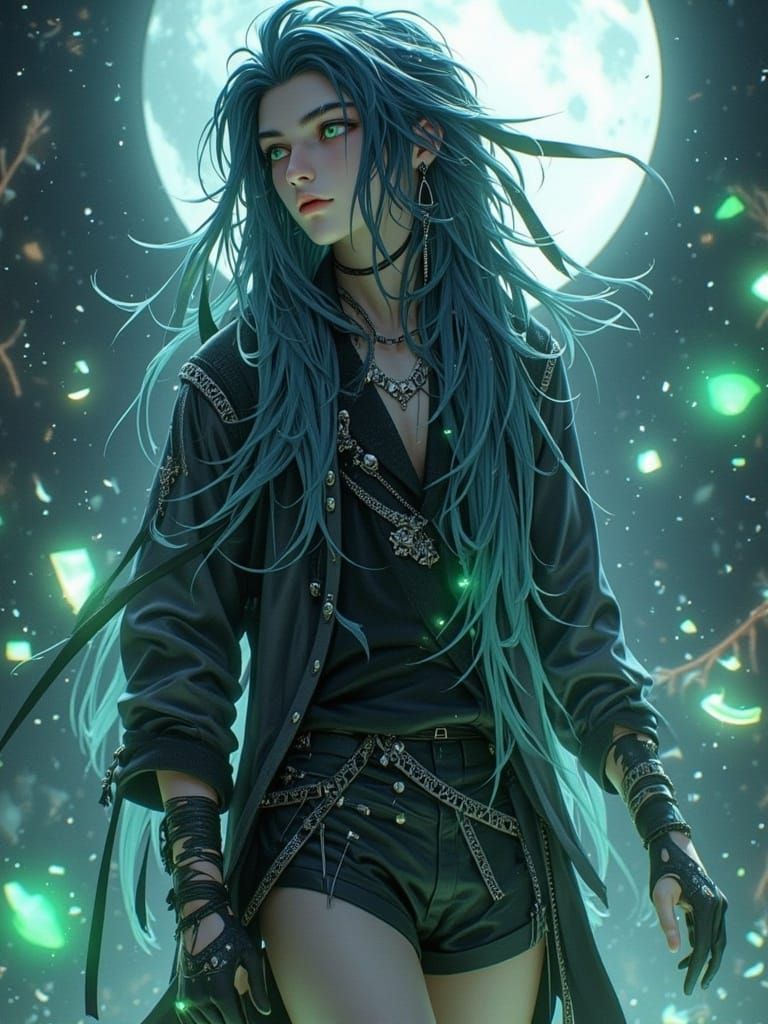 <lora:Happy-People:1.0> general plan with a full-length human figure in dynamics, a guy with long blue-violet hair walks to the right, looks...