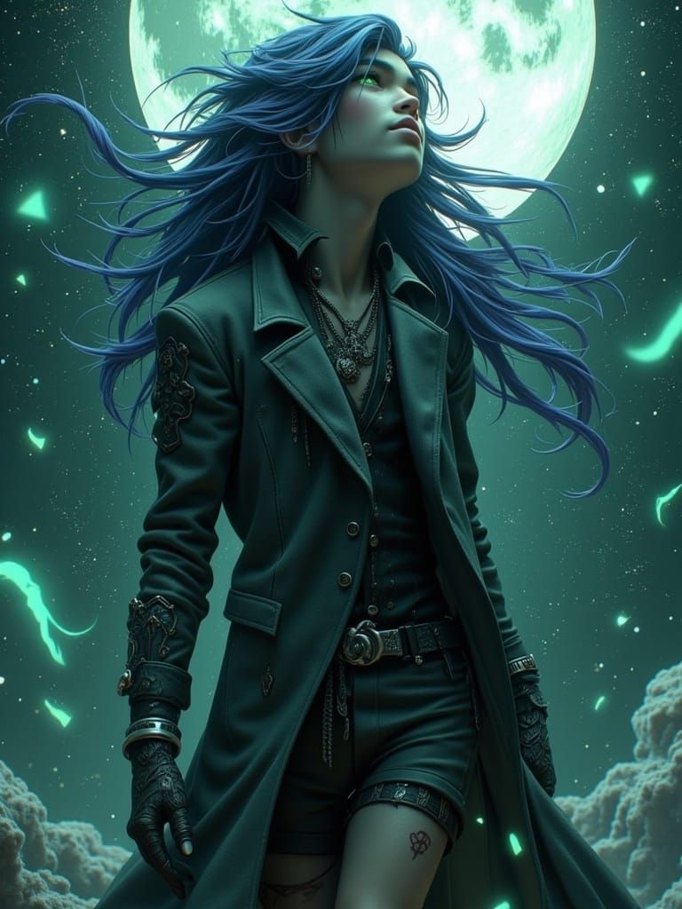 <lora:Happy-People:1.0> general plan with a full-length human figure in dynamics, a guy with long blue-violet hair walks to the right, looks...