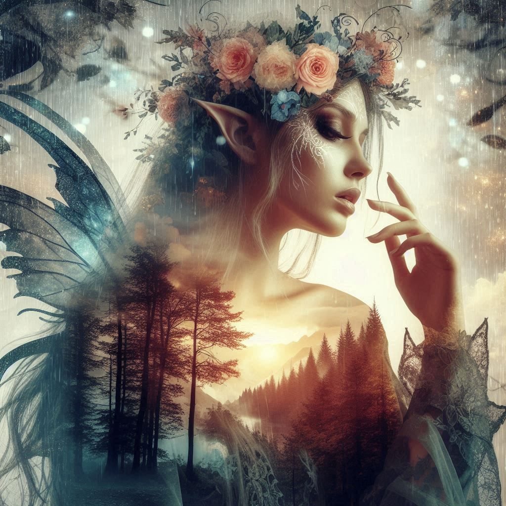 double exposure beautiful fantasy DALL-E 3 portrait landscape..