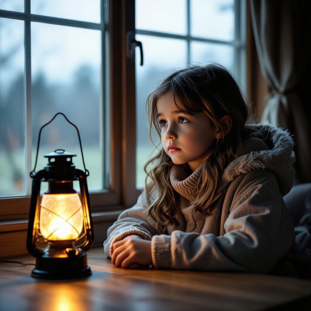 A sad girl, around ten years old, is sitting in warm clothes...