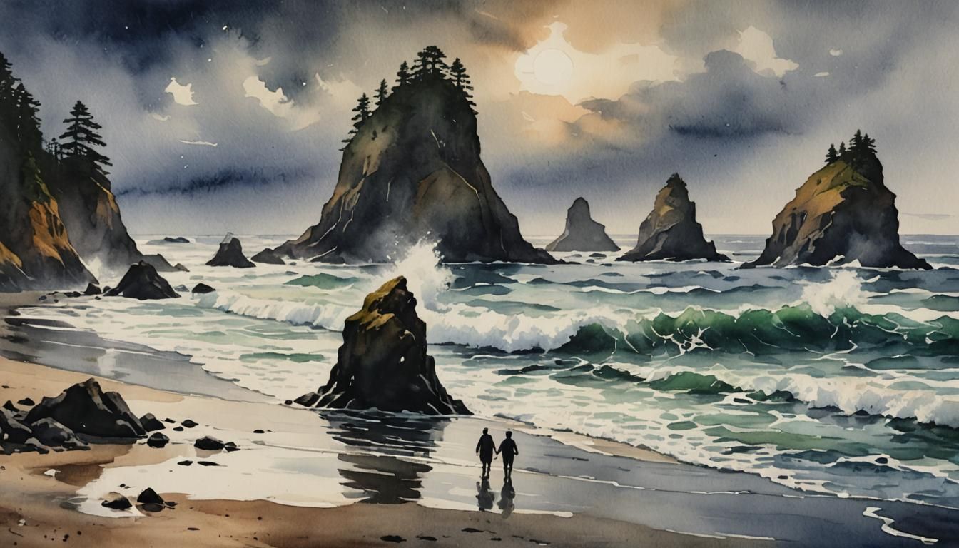 Dark & Moody Watercolor Art painting of a Beach in Oregon with sea stacks and crashing waves and a couple ...  by @BlueDragonRider