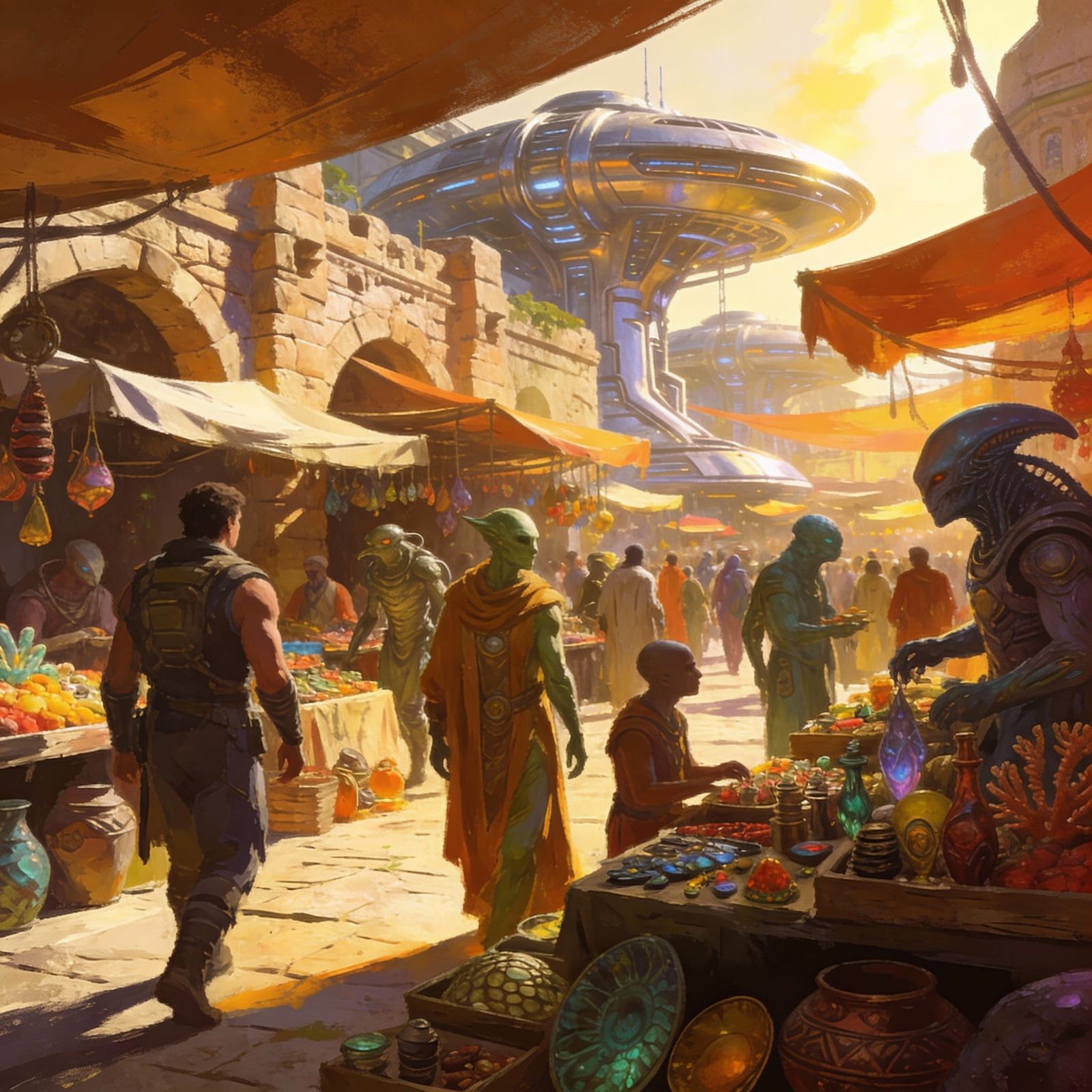 A bustling marketplace in a city where humans and various alien species coexist peacefully. Market stalls ...  by @Ulgrod