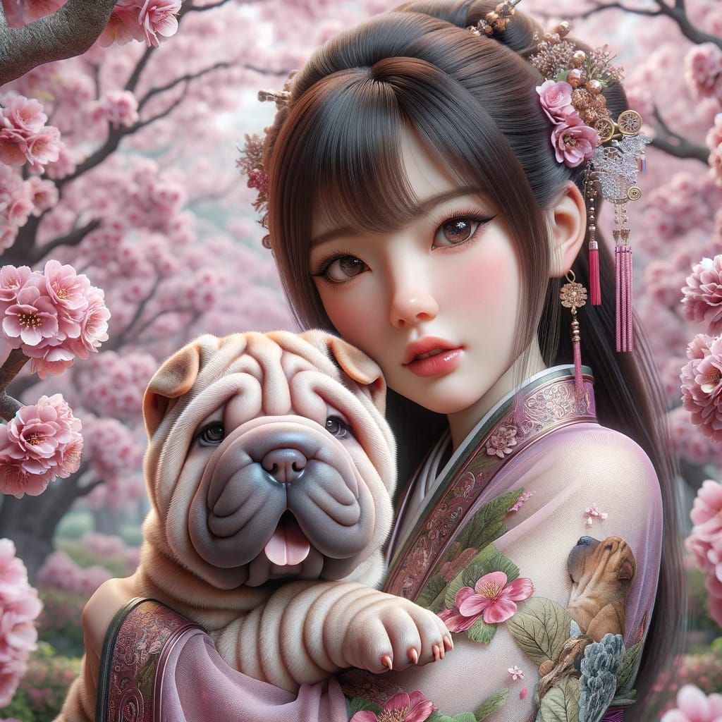 chinese girl and shar pei puppy