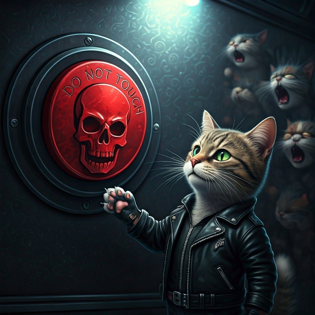 A mischievous cat with a smirk holds out his hand in front of a big red skull button on the wall with ...  by @HIKER