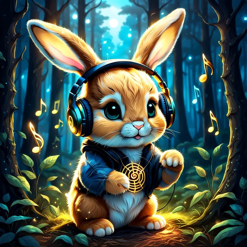 Portrait, cute cub bunny wearing headphones lisening to musi...