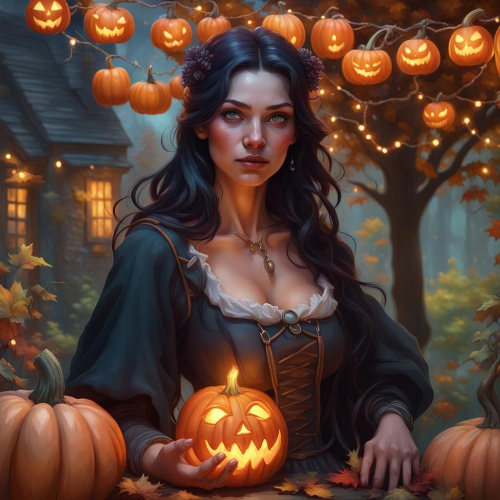 Girl witch dark hair flowy fall pumpkins preparing a potion ...