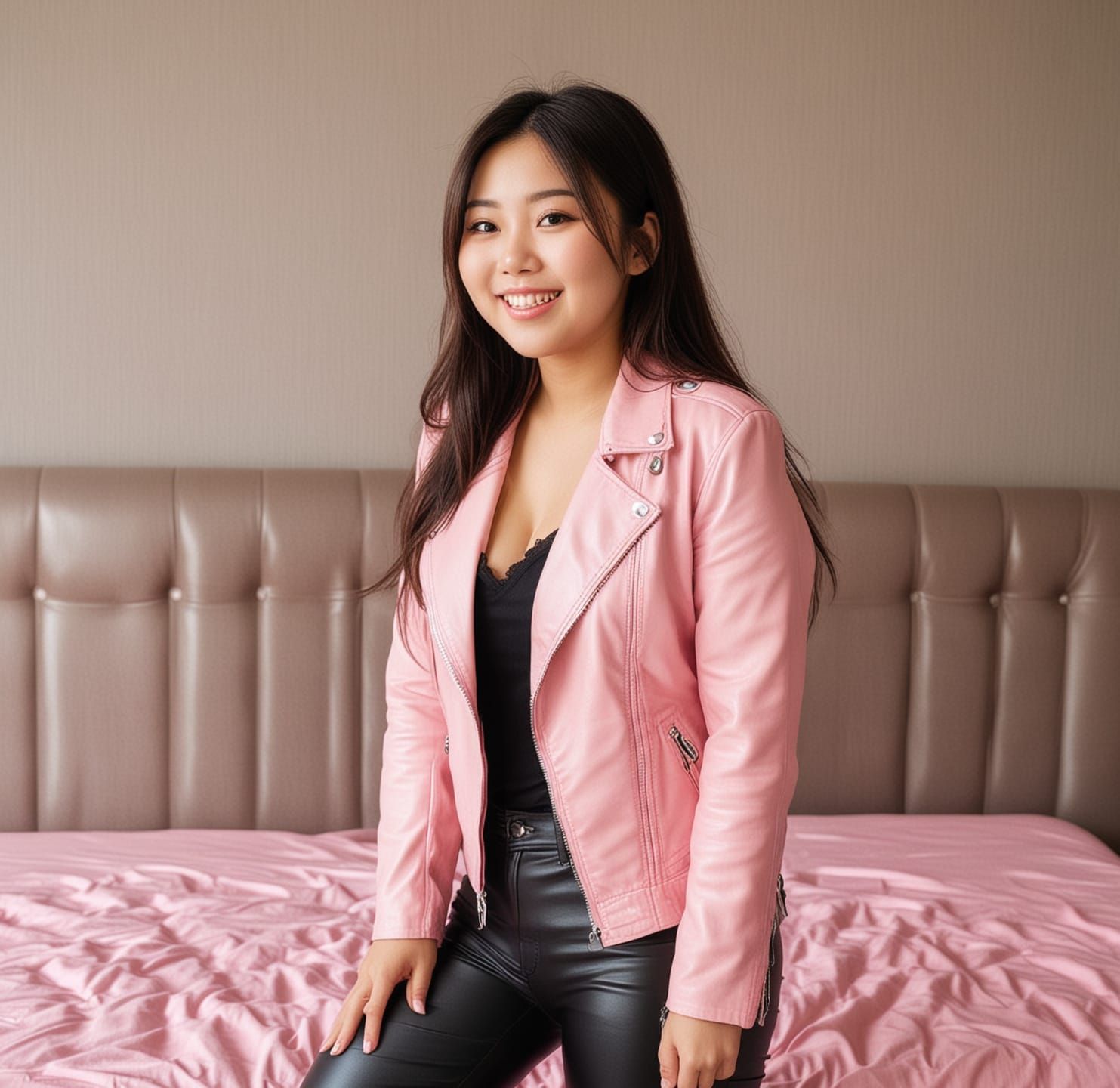 Asian woman, 25 years old, small, long hair, in pink leather...