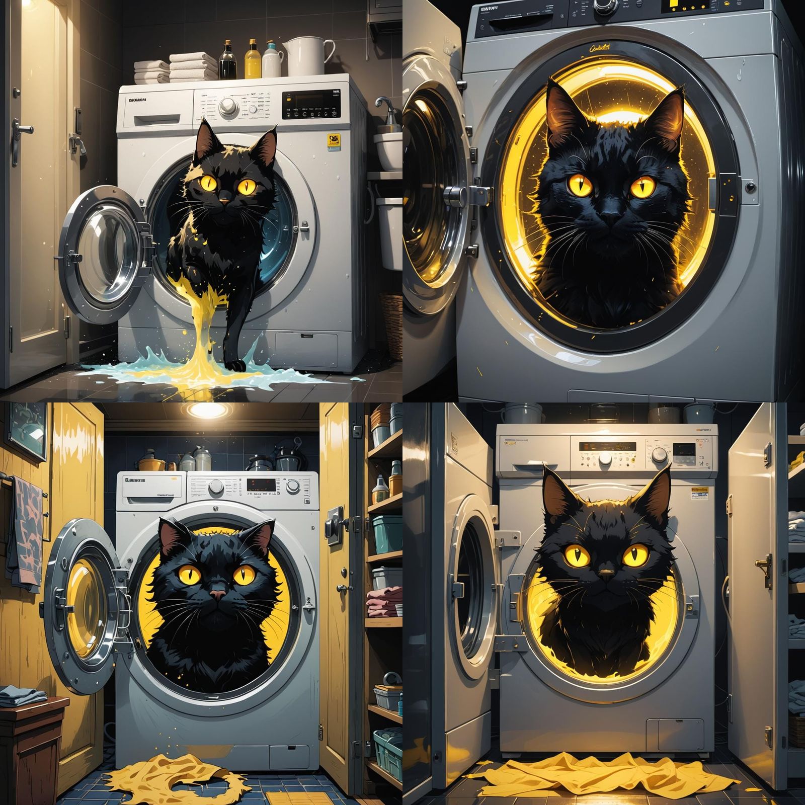 A cat monster silhouette with yellow glowing eyes sitting in...